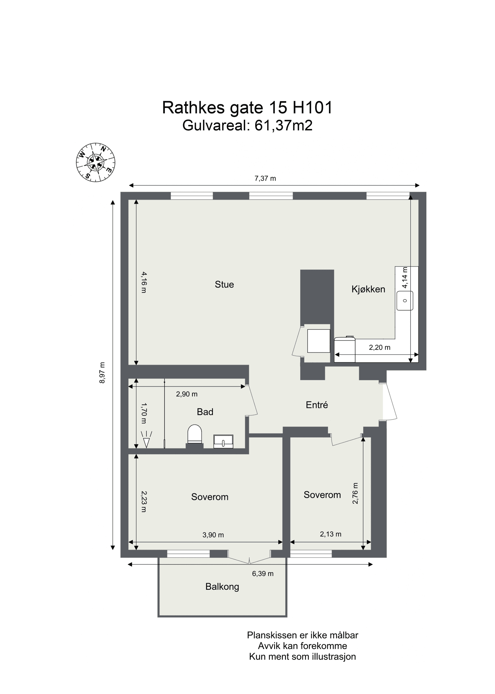 Plantegning for Leilighet H101, 3-roms, 61 m² — fra megler