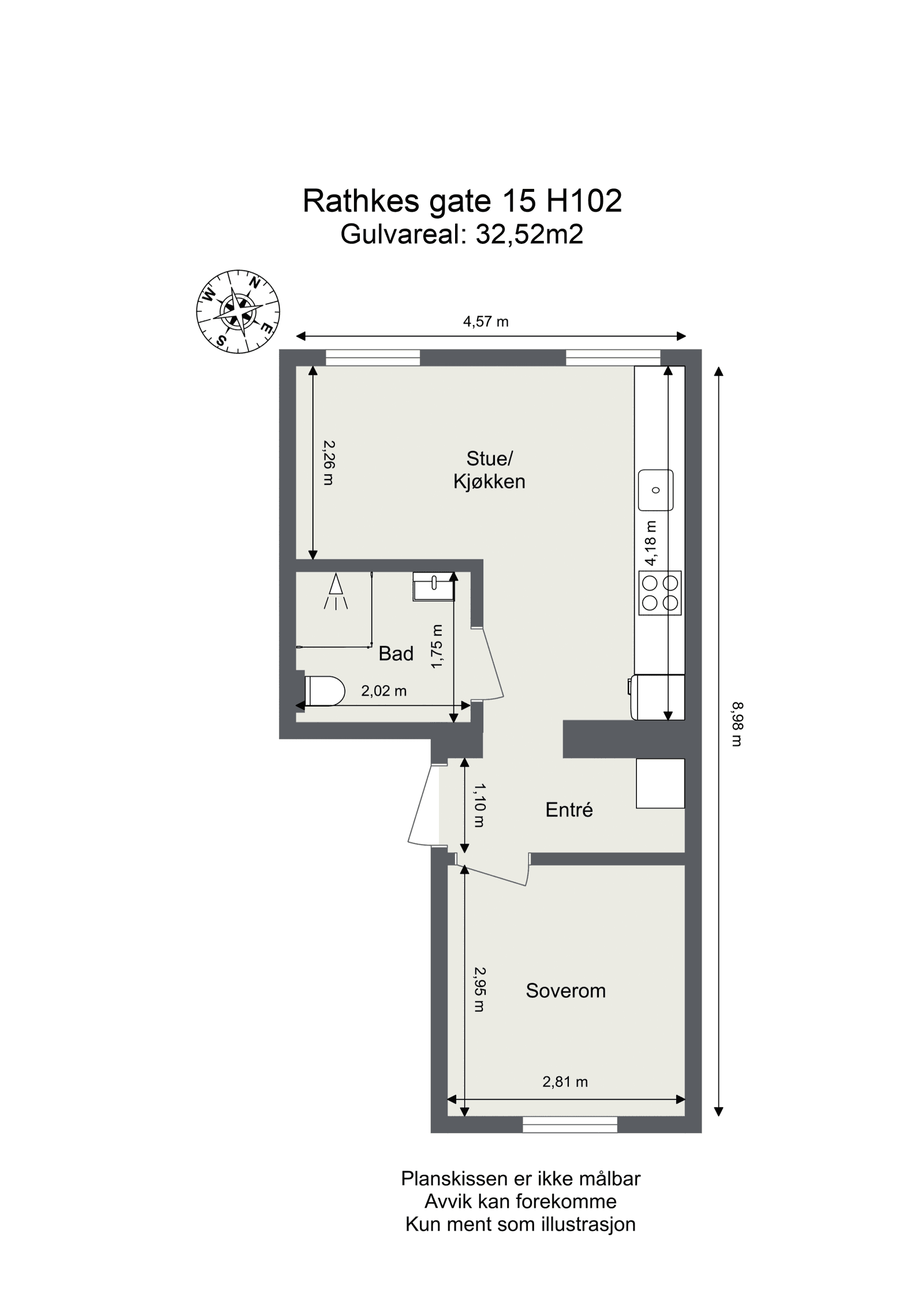Plantegning for Leilighet H102, 2-roms, 32 m² — fra megler