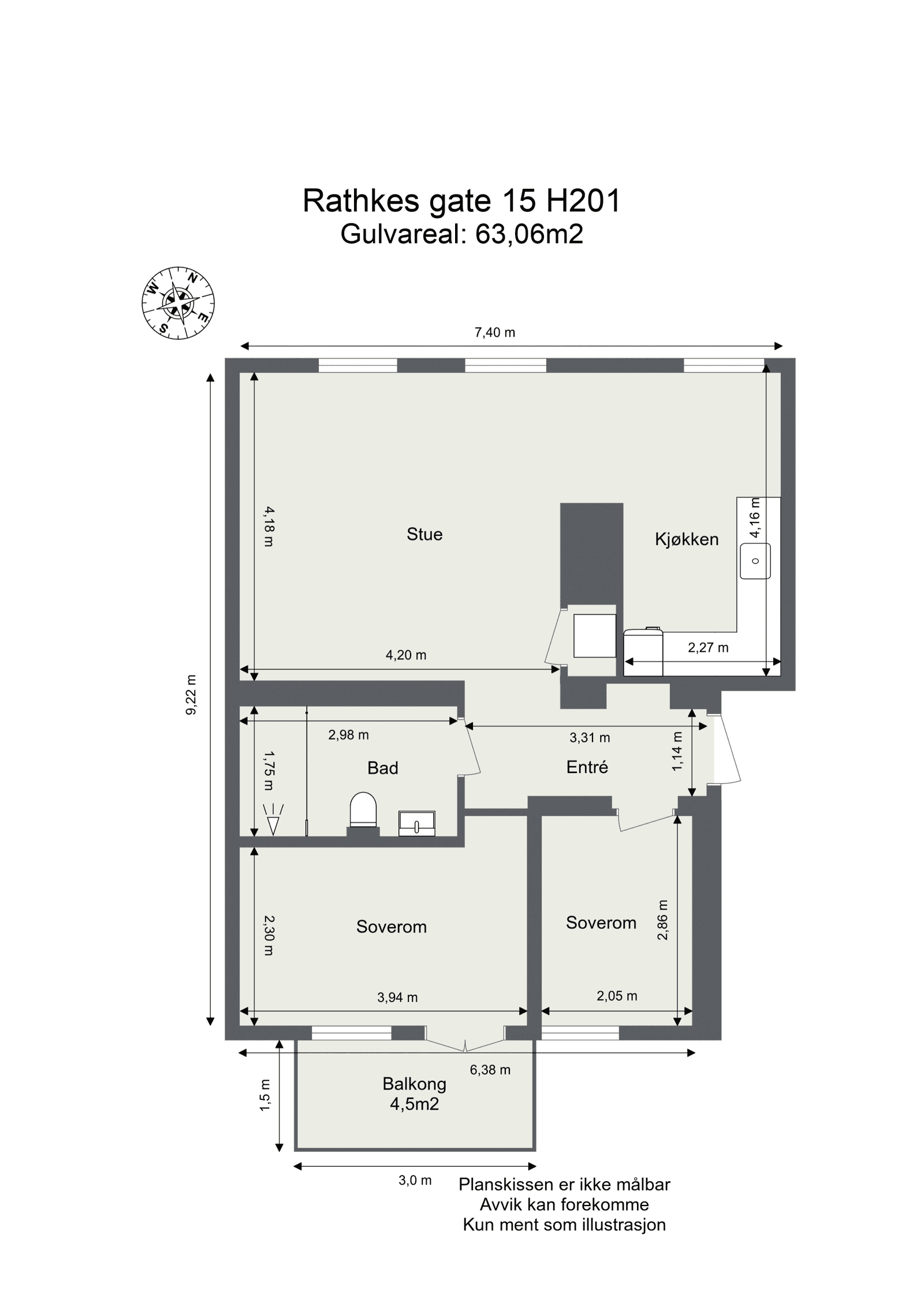 Plantegning for Leilighet H201, 3-roms, 63 m² — fra megler