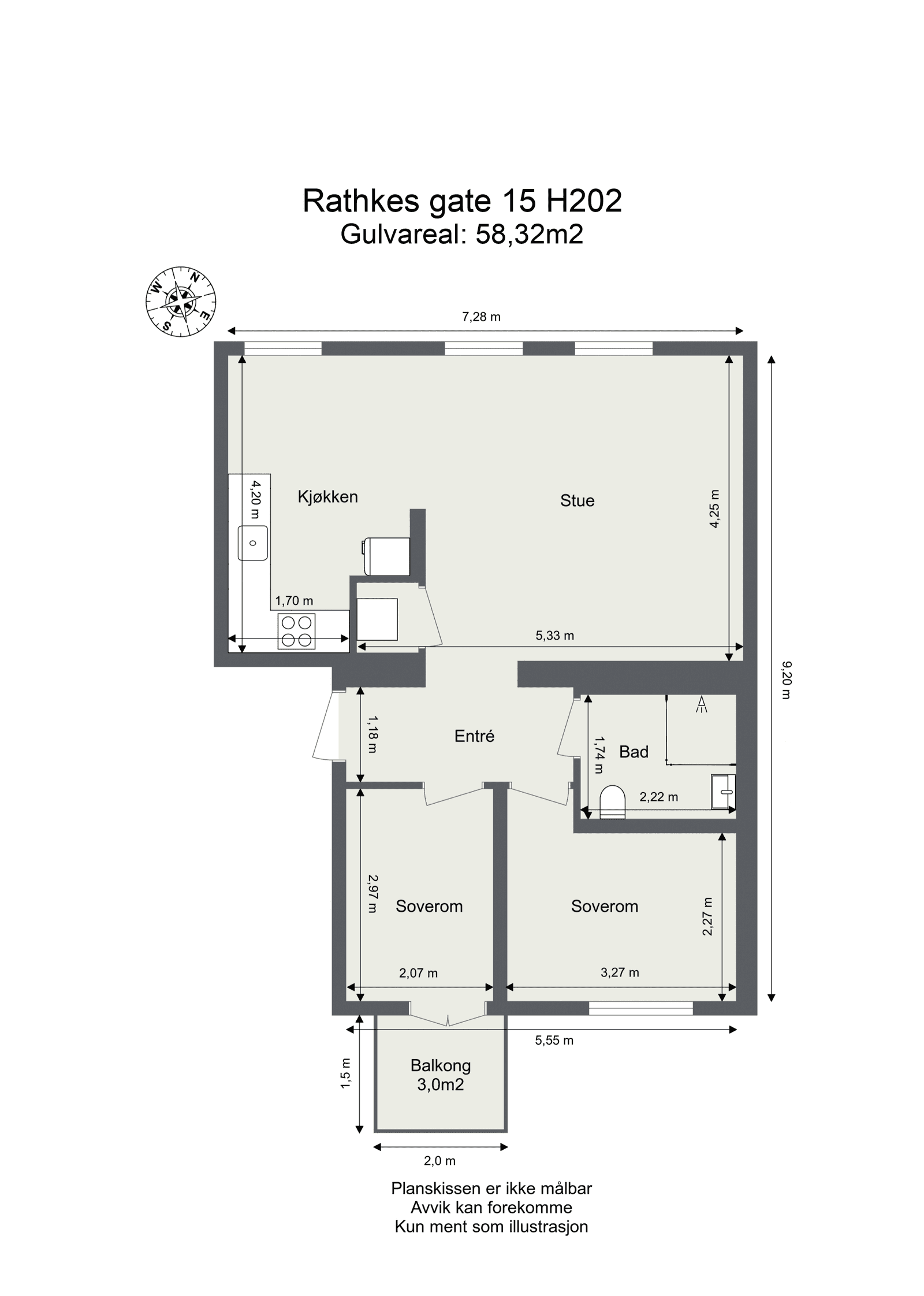 Plantegning for Leilighet H202, 3-roms, 58 m² — fra megler