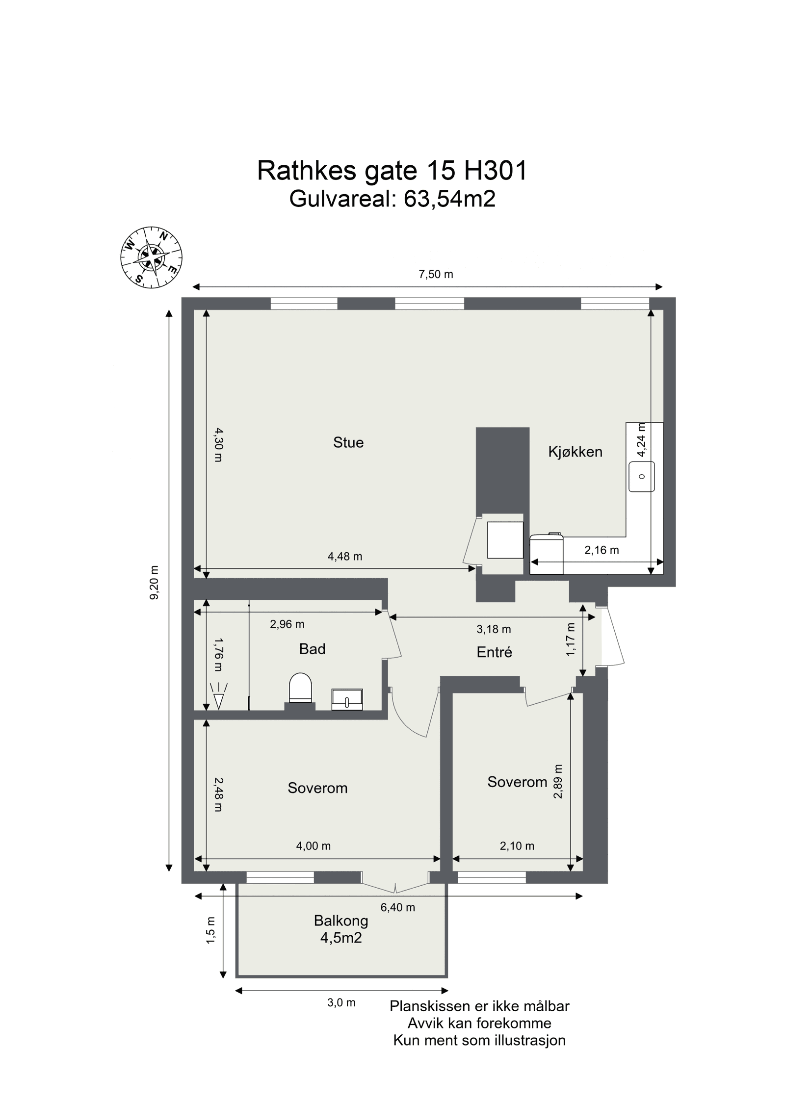 Plantegning for Leilighet H301, 3-roms, 63 m² — fra megler