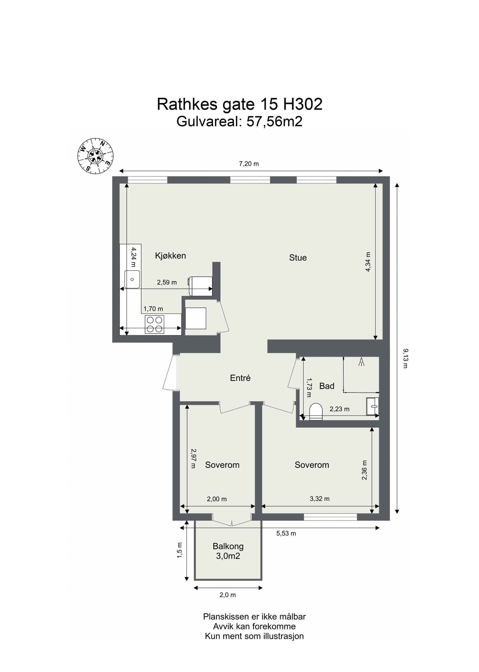 Plantegning for Leilighet H302, 3-roms, 57 m² — fra megler