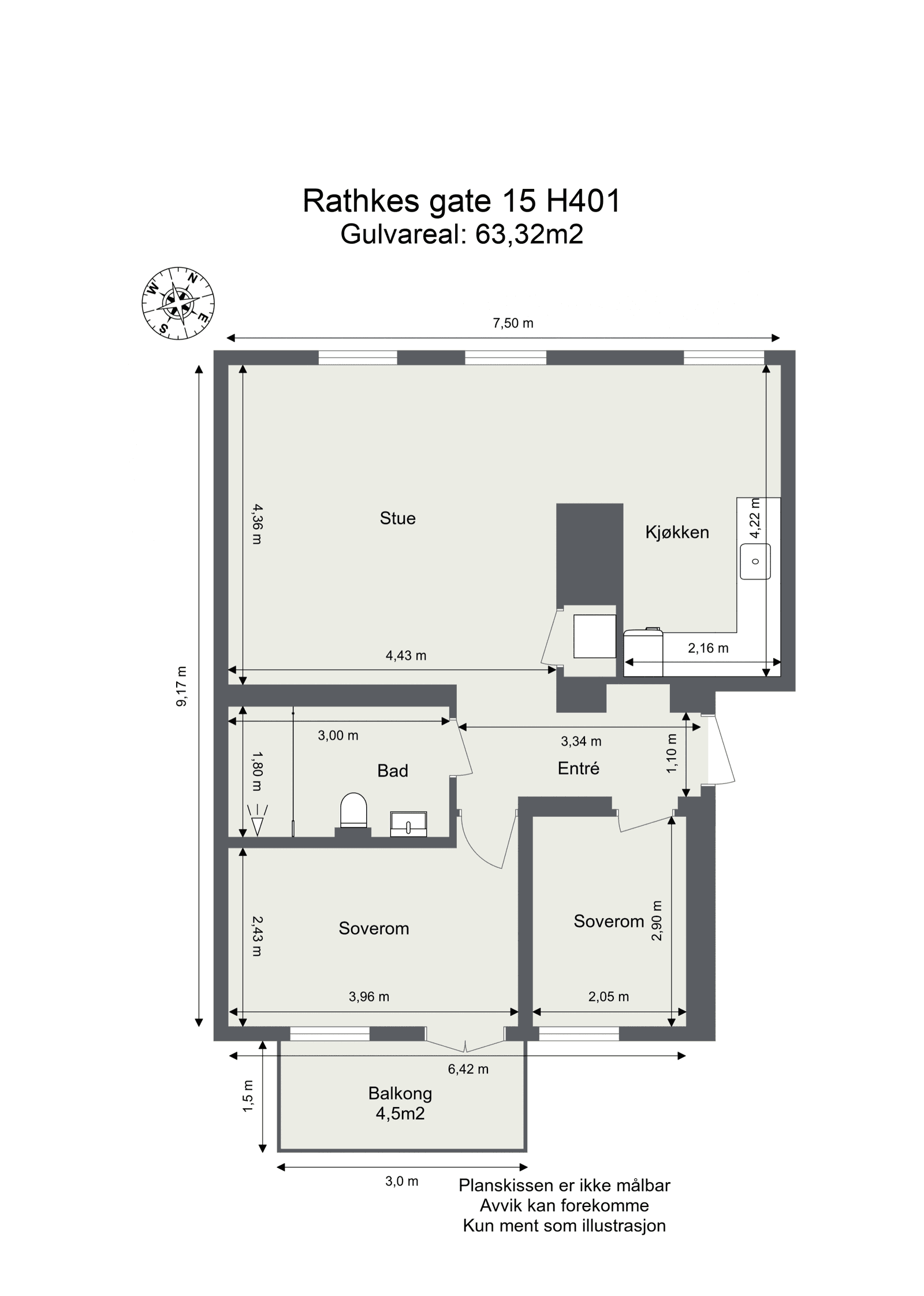 Plantegning for Leilighet H401, 3-roms, 63 m² — fra megler