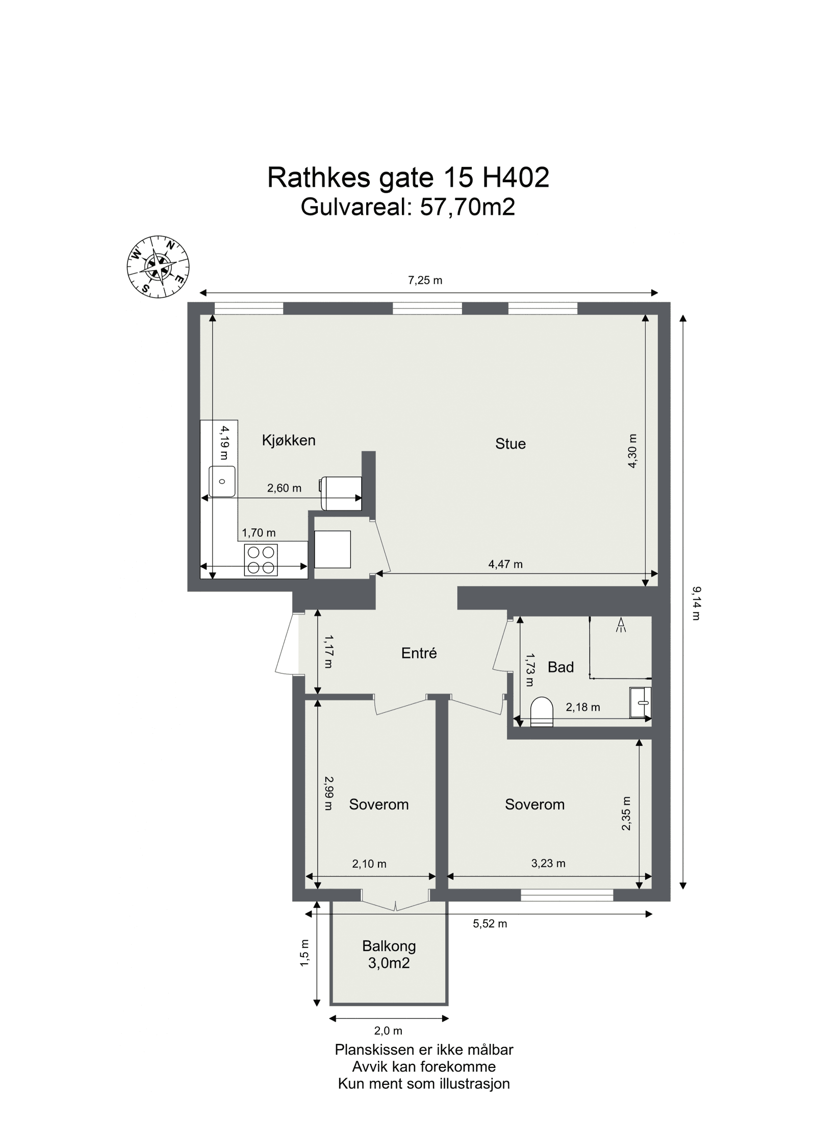 Plantegning for Leilighet H402, 3-roms, 57 m² — fra megler